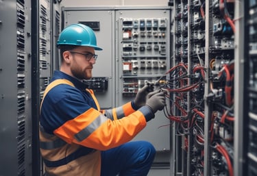 a man in a hard hat and safety glasses working on a computer