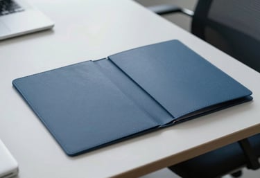 a closed elegant folder resting on a clean modern desk in a South American / Brazilian corporate setting, slate blue and light steel blue tones, conveying security