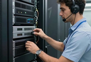 A professional IT support specialist working on a server rack in a modern South American data center, representing technological excellence.