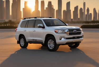 a white suv parked in front of a city skyline
