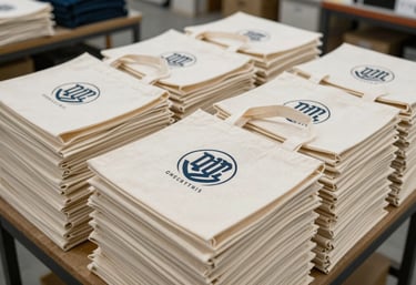 Dozens of finished customized canvas tote bags stacked in a professional workshop, showcasing consistent high-quality printing.