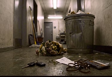 Trash can in a hallway containing discarded items after a pop culture event.