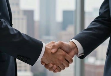 A close up photography shot of two professionals in business attire shaking hands in a high-rise office. The background is a blurred US city skyline.