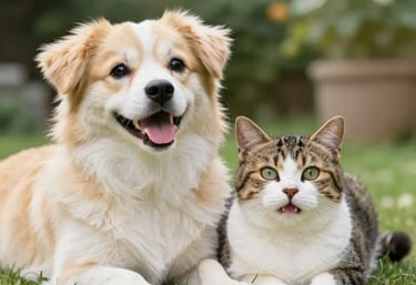 A joyful dog and cat lounging together in a sunny garden, embodying health and happiness.