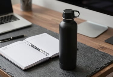 A clean, minimalist workspace featuring a matte black water bottle and a high-end planner on a slate desk, North American / US office style.