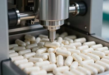 Close-up of a high-speed automated pharmaceutical pill press machine in action, producing uniform white capsules in a sterile factory environment.