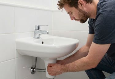 Professional plumber installing a white ceramic bathroom pedestal sink and connecting plumbing pipes.