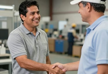 Close-up of a technician inspecting a finely machined plastic component under bright workshop lights.
