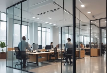A professional consultant discussing business plans with clients in a modern office.