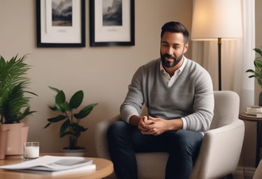 A serene therapy room with comfortable seating.
