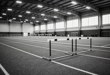A professional black and white shot of an indoor sports performance center, featuring an artificial turf lane and graphite-colored hurdles under bright, modern lighting.