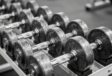 A high-contrast black and white photograph of a rack of heavy silver and graphite dumbbells in a professional gym environment. Focus is sharp on the metal texture with a blurred, clean background.