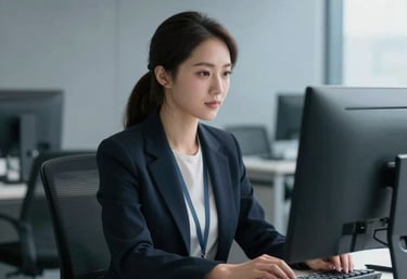 A professional woman sitting at a clean desk in a modern North American office, focusing on a monitor with calm concentration, surrounded by muted blue and grey tones.