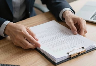 A focused, professional photography shot of hands neatly organizing physical documents on a light wood desk in a North American office. The atmosphere is quiet and methodical, featuring a muted color palette of navy, slate grey, and white.