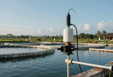 Modern sustainable fish farming equipment and sensors installed in an outdoor pond in a rural Southeast Asian / Indonesian landscape, natural light, Sky Blue tones.