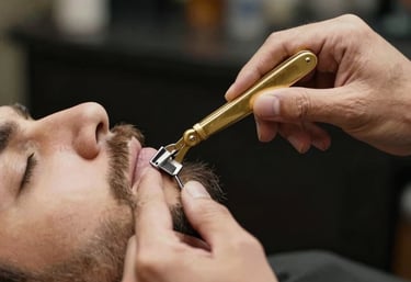 A photography focusing on the hands of a barber using a gold straight razor on a client's beard. South American context, elegant and professional atmosphere.
