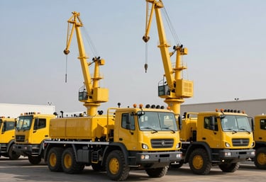 A fleet of heavy-duty industrial vehicles and yellow cranes parked in an organized staging area in Jubail, presented in a clean, professional commercial style.