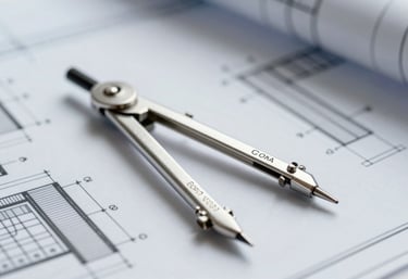 A sleek silver architect's compass resting on a technical blueprinted plan for a data center. Lighting is professional and clean, highlighting #899DAF tones.