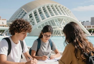 A welcoming student receiving assistance at a cozy office in Valencia.