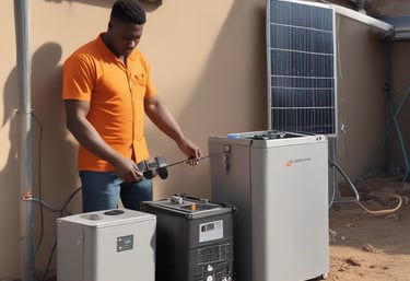 Close-up of high-performance lithium batteries connected to a hybrid solar system.