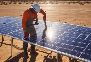 A local team from gem working together to maintain a solar energy system in a dusty environment.