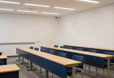 A wide angle shot of a clean, bright seminar room with minimalist furniture, gold and dark blue accents, European architectural details.