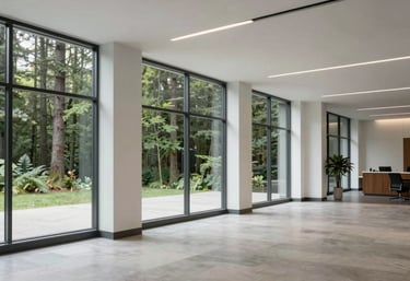 A minimalist, sharp photograph of a clean, modern North American / US office lobby with large windows and forest sage accents, symbolizing transparency.