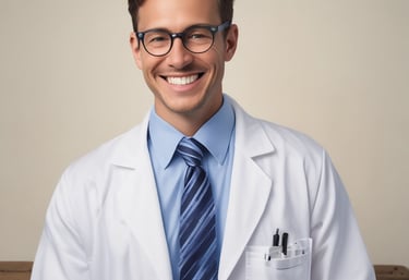 A smiling male doctor wearing glasses, a white lab coat, and a blue striped tie.