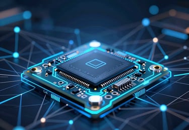 A high-tech computer chip and circuit board representing Jakosmart Technology's OEM and ODM electronic manufacturing