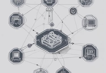 A team collaborating at a workstation filled with data charts and automation software.