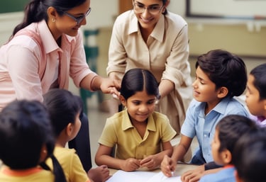 A friendly teacher engaging a small group of students in a bright classroom.