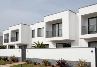 An architectural photography shot of a contemporary residential complex in South Africa, featuring clean white walls and professional landscaping.