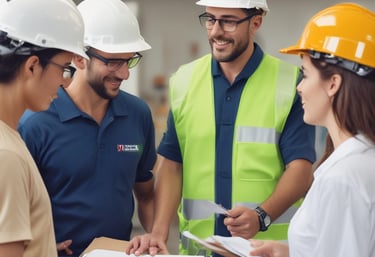 Team of safety experts conducting a workplace inspection with protective gear.