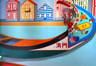 Colorful traditional Portuguese Moliceiro boat painting inside Aveiro Macau