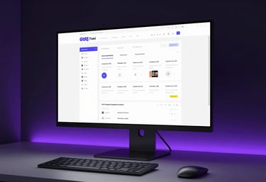 Wide angle shot of a clean, modern workstation. A large monitor shows a complex website layout. The room is dark with subtle electric purple LED strips.