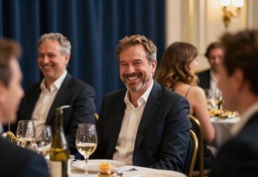 A candid photography shot of guests laughing at a celebratory event, with warm lighting and a sophisticated navy blue and gold backdrop.