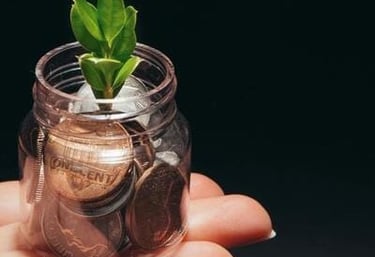 Una pequeña planta verde creciendo en un frasco de vidrio lleno de monedas