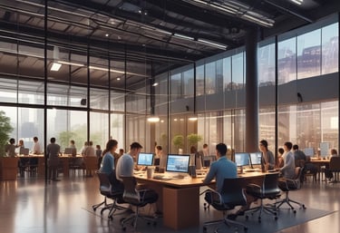 A mentor guiding a small group of diverse entrepreneurs in a cozy, stylish workspace.