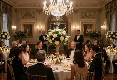 A beautifully decorated wedding venue with floral arrangements and soft lighting.