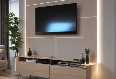 A professional assembling a wooden cabinet in a modern living room.