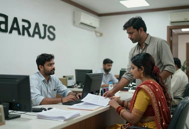 A clean, professional bank office interior in Varanasi with South Asian / Indian staff assisting a rural couple, photography.