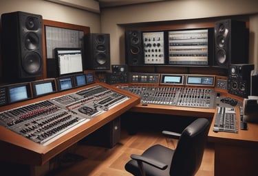 A vibrant workspace with a diverse team collaborating over music and podcast equipment.