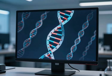 A minimalist, high-contrast photograph of a DNA sequence displayed on a sleek digital monitor in a North American biotech office, with dark blue and light blue ambient lighting.