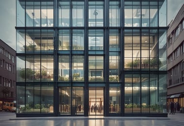 Modern office building with Dardoni Group logo at sunset.