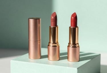 Three elegant lipsticks in matte and glossy finishes, displayed on a clean mint green pedestal. The photography is sharp, professional, and uses soft, natural lighting, highlighting the luxurious rose-gold packaging.