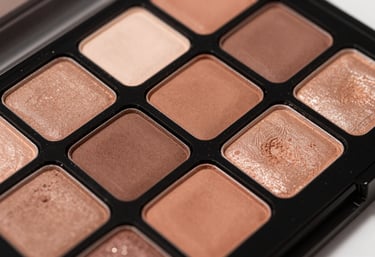 A close-up of a professional eye shadow palette with a mix of matte and shimmer shades in warm, earthy tones. The palette is open, showing fine powder texture, captured in a high-fashion, clean photography style.