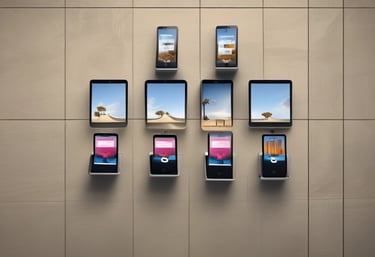 A minimalist workspace featuring a neutral-toned desk with dual monitors displaying abstract workflow diagrams.