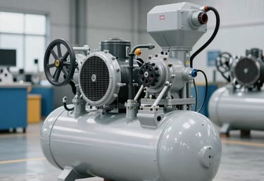 A clean, modern industrial air compressor system in a manufacturing plant. The unit is bright and compact, showing efficient design in a North American setting.