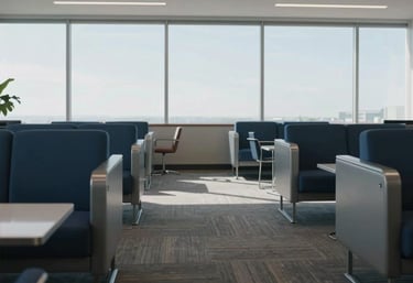 A professional North American business lounge with a clean, open layout. Large windows reveal a bright sky, and the furniture is modern and minimalist in tones of steel gray and deep blue.