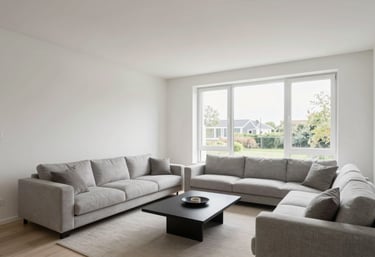 Interior photography of a modern, fully finished living room in Utrecht. Perfectly smooth walls and ceilings, minimalist furniture, large windows, bright and airy.